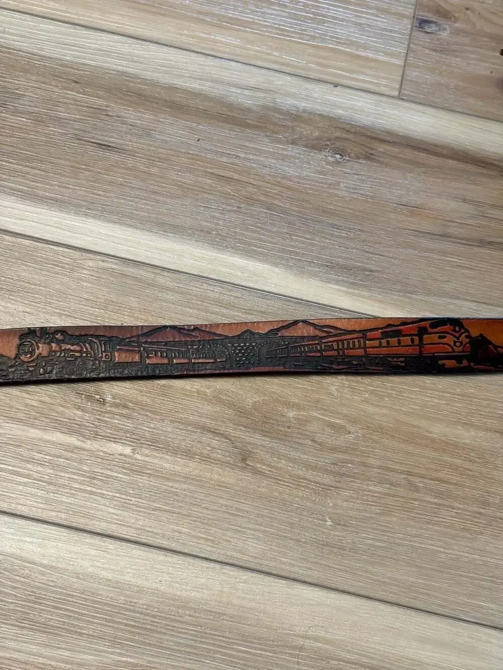 Vintage 1983 Train Locomotive Western Leather Belt with 3D Enamel Buckle